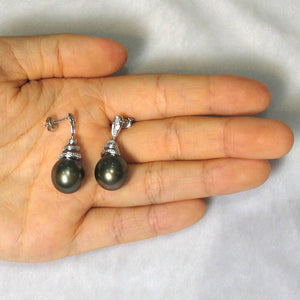 14k White Gold Black Gray Tahitian Pearl Diamond Dangle Earrings