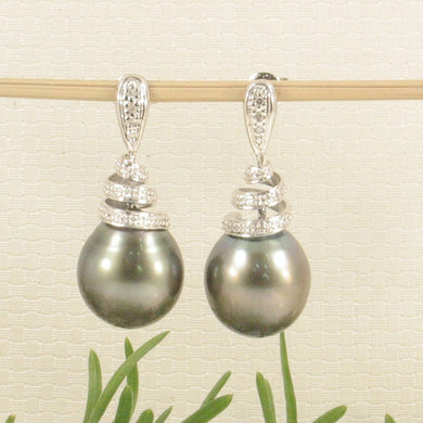 14k White Gold Black Gray Tahitian Pearl Diamond Dangle Earrings
