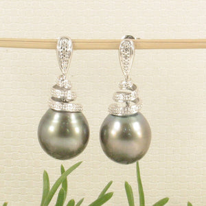 14k White Gold Black Gray Tahitian Pearl Diamond Dangle Earrings