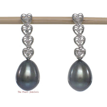 Load image into Gallery viewer, Solid 14k White Gold Black Pearl &amp; Diamond Dangle Earrings