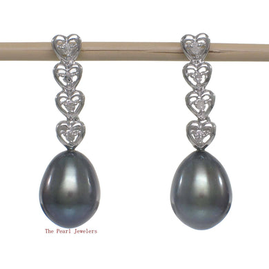 Solid 14k White Gold Black Pearl & Diamond Dangle Earrings