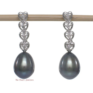 Solid 14k White Gold Black Pearl & Diamond Dangle Earrings
