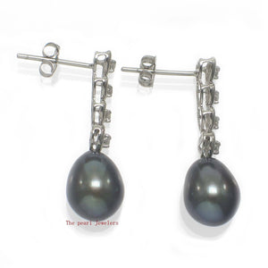 Solid 14k White Gold Black Pearl & Diamond Dangle Earrings
