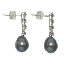Load image into Gallery viewer, Solid 14k White Gold Black Pearl &amp; Diamond Dangle Earrings