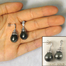 Load image into Gallery viewer, 14k White Gold Black Tahitian Pearl Diamond Dangle Earrings