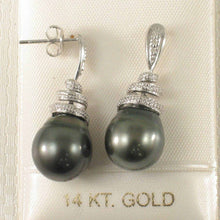 Load image into Gallery viewer, 14k White Gold Black Tahitian Pearl Diamond Dangle Earrings