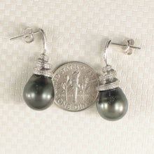 Load image into Gallery viewer, 14k White Gold Black Tahitian Pearl Diamond Dangle Earrings