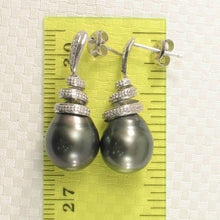 Load image into Gallery viewer, 14k White Gold Black Tahitian Pearl Diamond Dangle Earrings