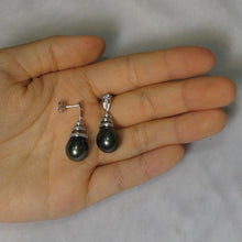 Load image into Gallery viewer, 14k White Gold Black Tahitian Pearl Diamond Dangle Earrings