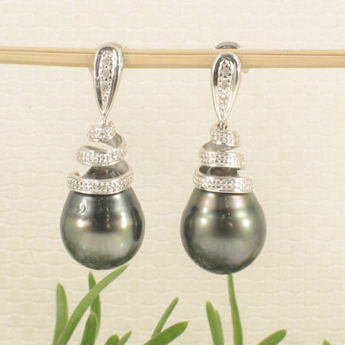 14k White Gold Black Tahitian Pearl Diamond Dangle Earrings