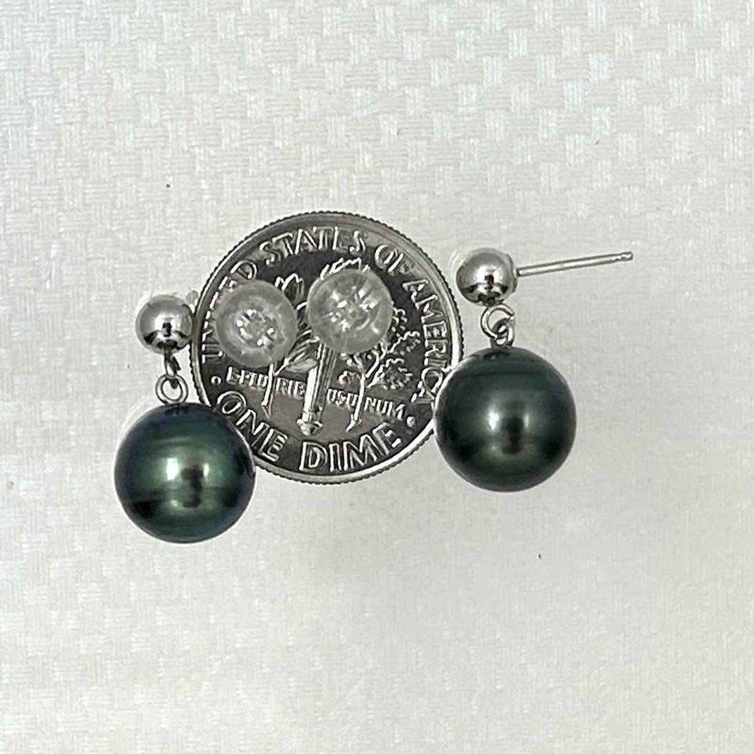 14k White Gold Black Tahitian Pearl Dangle Stud Earrings