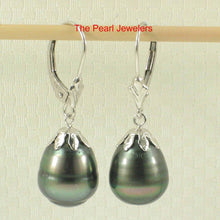 Load image into Gallery viewer, 14k White Gold Black Tahitian Pearl Leverback Dangle Earrings