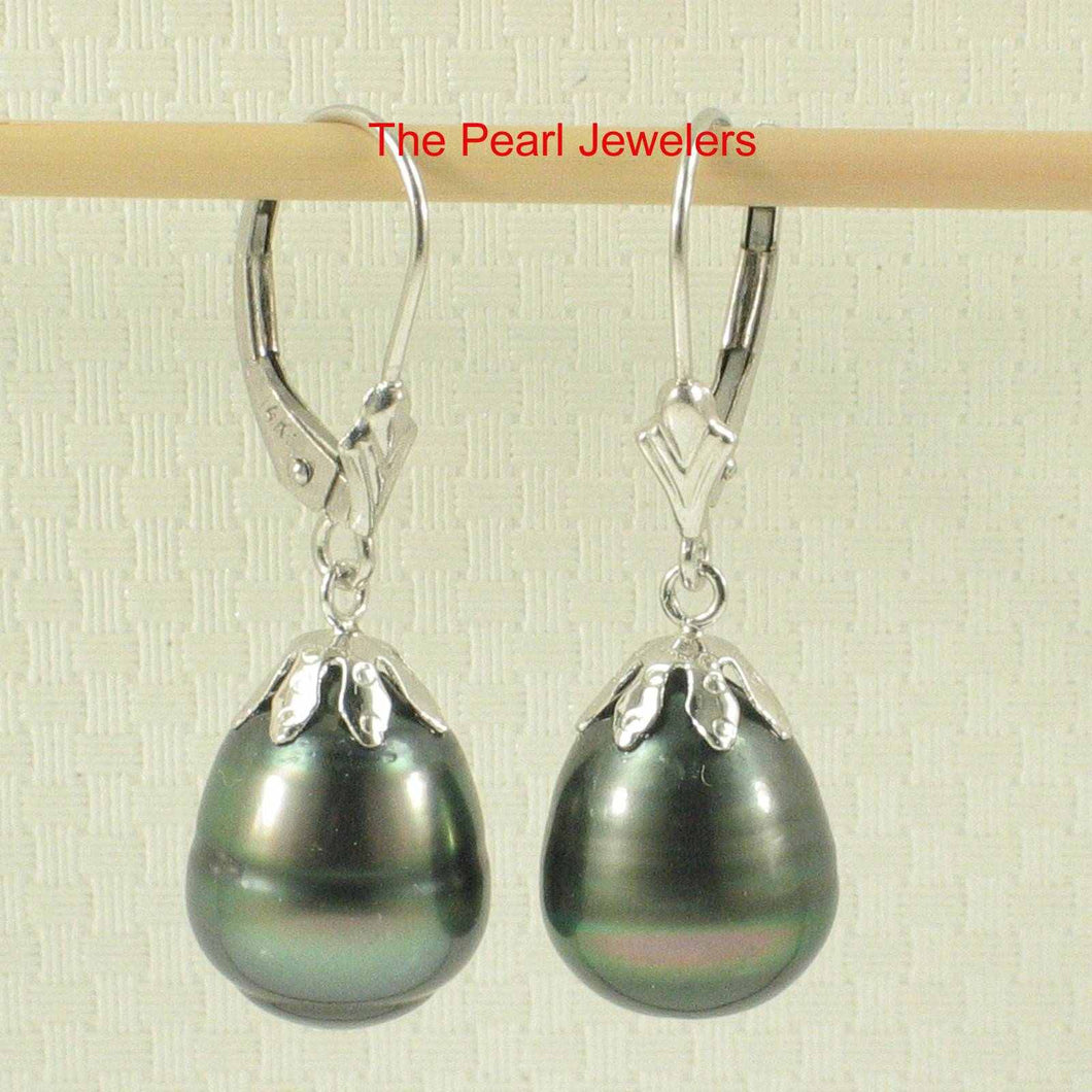 14k White Gold Black Tahitian Pearl Leverback Dangle Earrings