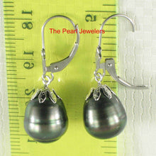 Load image into Gallery viewer, 14k White Gold Black Tahitian Pearl Leverback Dangle Earrings