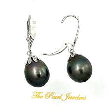 Load image into Gallery viewer, 14k White Gold Black Tahitian Pearl Leverback Dangle Earrings (10.5 mm)