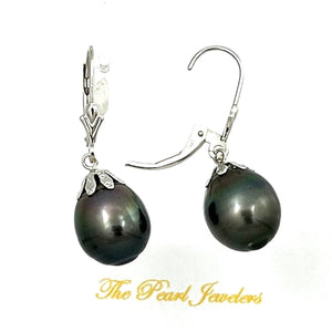 14k White Gold Black Tahitian Pearl Leverback Dangle Earrings (10.5 mm)