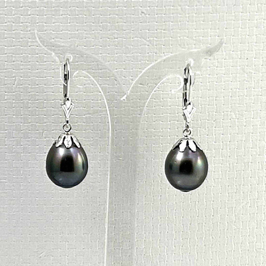 14k White Gold Black Tahitian Pearl Leverback Dangle Earrings (10.5 mm)