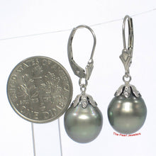 Load image into Gallery viewer, 14k White Gold Black Tahitian Pearl Leverback Dangle Earrings