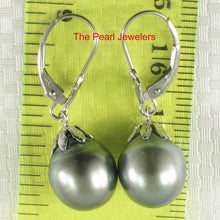 Load image into Gallery viewer, 14k White Gold Black Tahitian Pearl Leverback Dangle Earrings