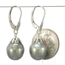 Load image into Gallery viewer, 14k White Gold Black Tahitian Pearl Leverback Dangle Earrings
