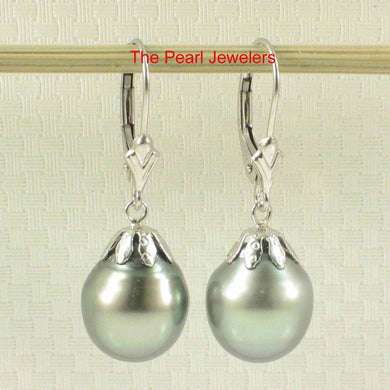 14k White Gold Black Tahitian Pearl Leverback Dangle Earrings