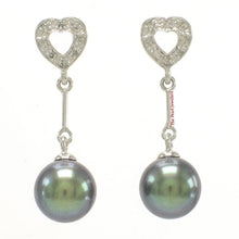 Load image into Gallery viewer, 14k White Gold AAA Black Pearl &amp; Diamond Heart Dangle Earrings