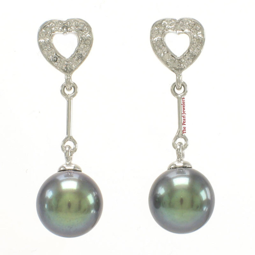 14k White Gold AAA Black Pearl & Diamond Heart Dangle Earrings