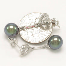 Load image into Gallery viewer, 14k White Gold AAA Black Pearl &amp; Diamond Heart Dangle Earrings