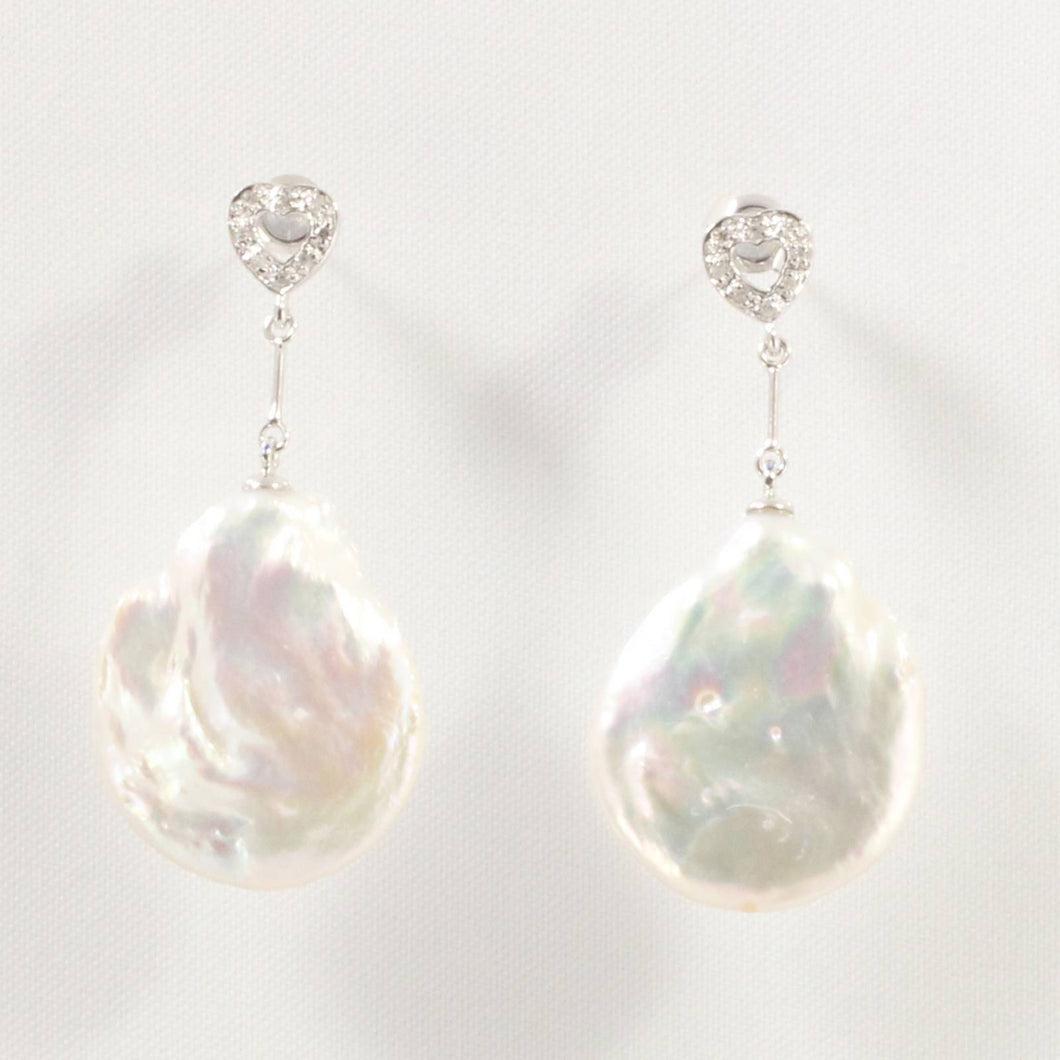 14k White Gold Diamond & Baroque Coin Pearl Stud Earrings