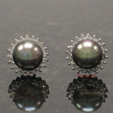 14k White Gold Diamond & Black Cultured Pearl Stud Earrings