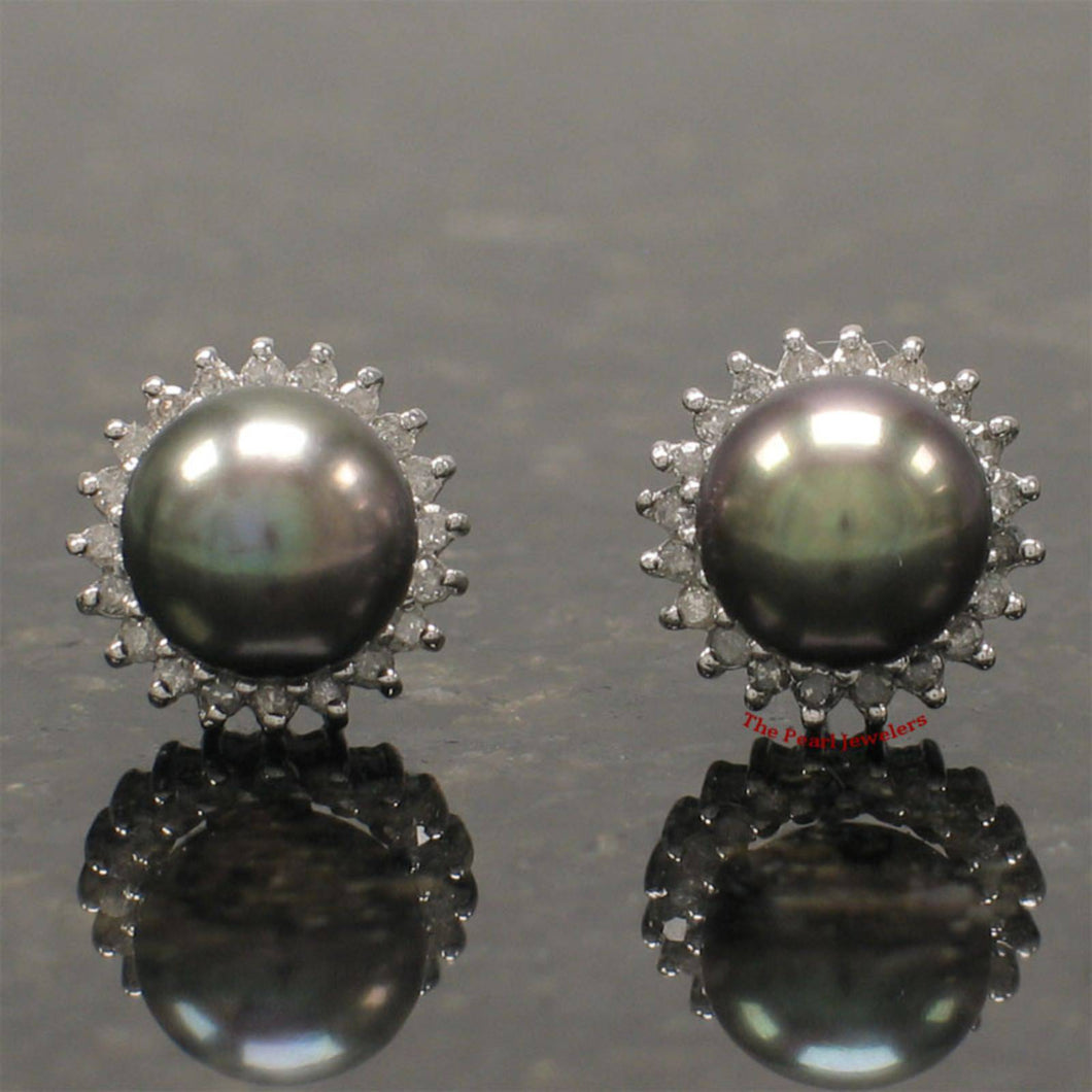 14k White Gold Diamond & Black Cultured Pearl Stud Earrings