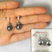 Load image into Gallery viewer, 14k White Gold Diamond &amp; Black Gray Tahitian Pearl Dangle Stud Earrings