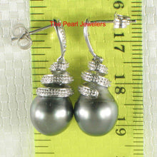 Load image into Gallery viewer, 14k White Gold Diamond &amp; Black Gray Tahitian Pearl Dangle Stud Earrings