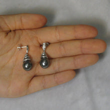 Load image into Gallery viewer, 14k White Gold Diamond &amp; Black Gray Tahitian Pearl Dangle Stud Earrings