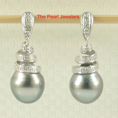 14k White Gold Diamond & Black Gray Tahitian Pearl Dangle Stud Earrings