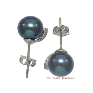 14k White Gold Diamond & Black Pearl Stud Earrings