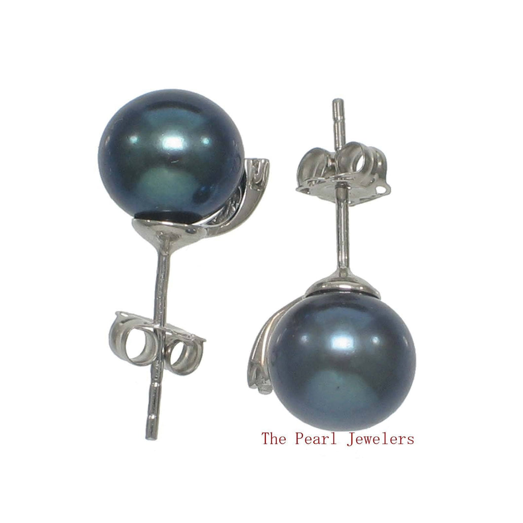 14k White Gold Diamond & Black Pearl Stud Earrings