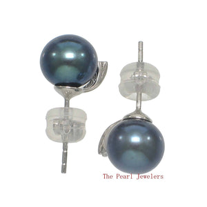 14k White Gold Diamond & Black Pearl Stud Earrings