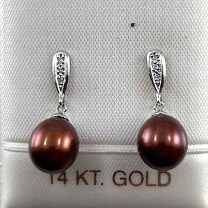 14k White Gold & Diamond Chocolate Pearl Dangles