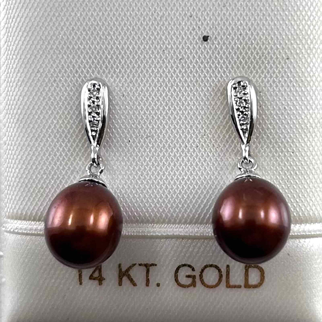 14k White Gold & Diamond Chocolate Pearl Dangles