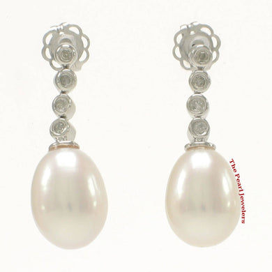 14k White Gold Diamond Genuine White Pearl Dangle Stud Earrings