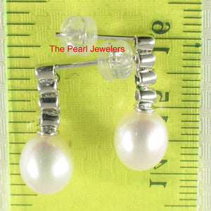 14k White Gold Diamond Genuine White Pearl Dangle Stud Earrings