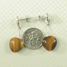 Load image into Gallery viewer, 14k White Solid Gold Diamond &amp; Heart Brown Tiger Eye Dangle Stud Earrings