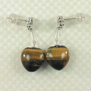 14k White Solid Gold Diamond & Heart Brown Tiger Eye Dangle Stud Earrings