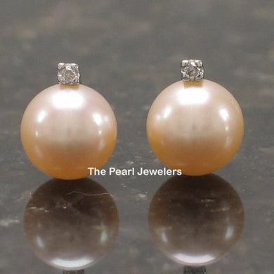 14k White Gold Diamond & Peach Pearl Studs