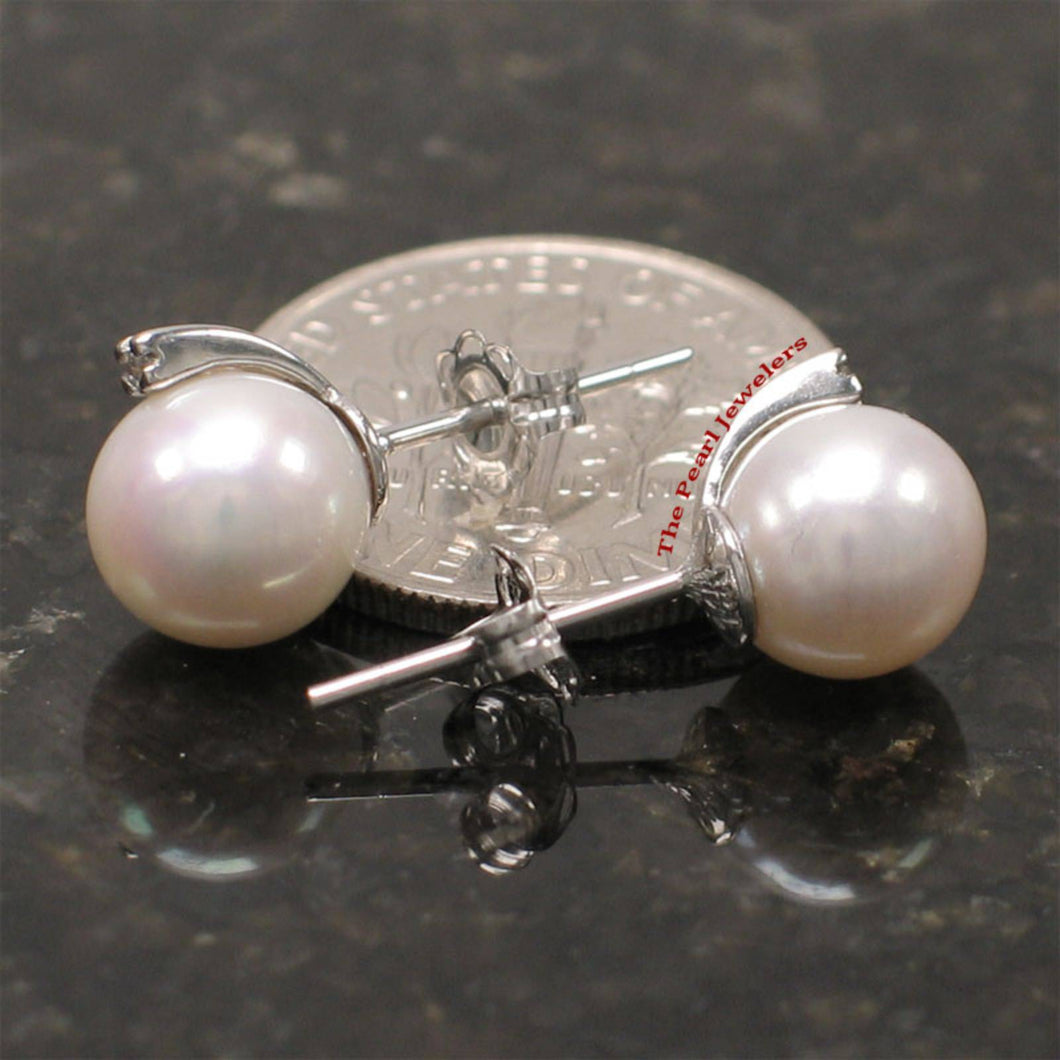 14k White Gold Diamond & White Pearl Stud Earrings