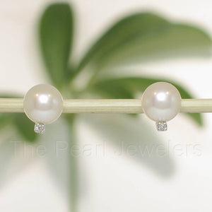 14k White Gold Diamond & White Pearl Stud Earrings