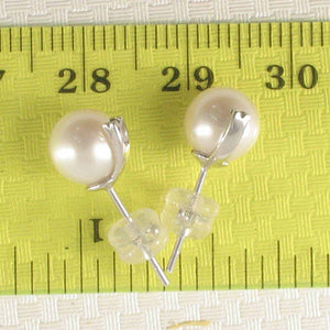 14k White Gold Diamond & White Pearl Stud Earrings