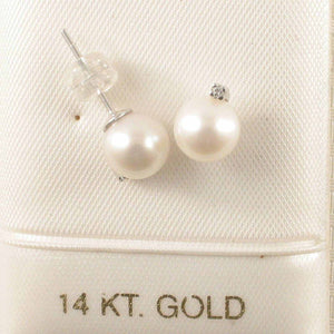 14k White Gold Diamond & White Pearl Stud Earrings