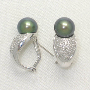 14k White Gold Diamonds AAA Black Pearl Omega Back Earrings